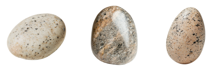 An oval river stone with a smooth, matte texture and earthy color tones, ideal for decorative purposes, is captured in close-up and isolated on a transparent background as a png