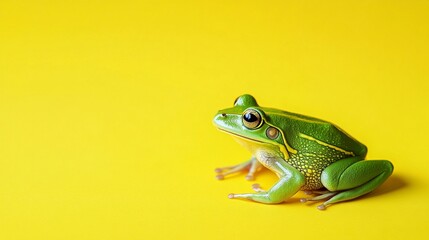 Obraz premium Bright yellow background with a realistic green frog in the corner, high-resolution nature-inspired backdrop with smooth skin texture and soft lighting.