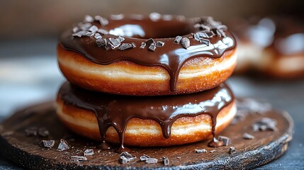 Delicious chocolate frosted donuts stacked on a wooden plate, perfect for dessert lovers.