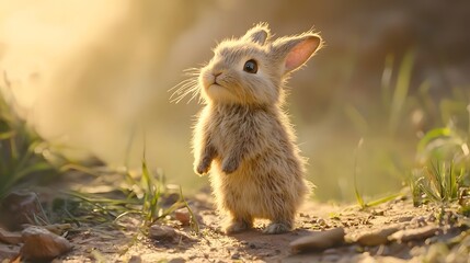 Fluffy Bunny Rabbit Standing Curiously in Soft Focus Nature Landscape