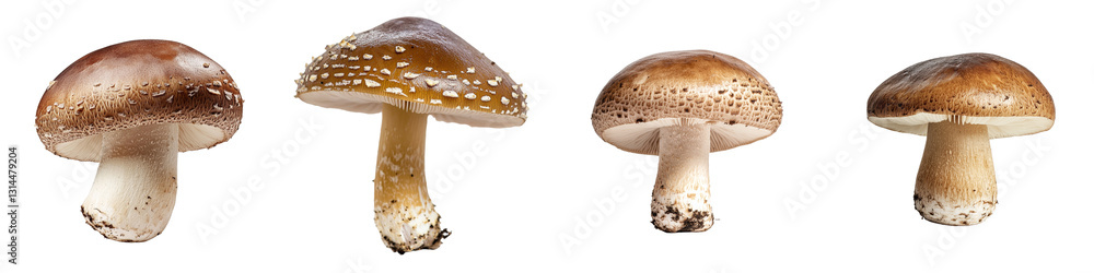 Poster A close-up view of a brown mushroom reveals the intricate details of its cap texture and the firmness of its stem, suitable for culinary and gourmet use, presented on a transparent background in a
