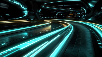 Futuristic tunnel with glowing light trails