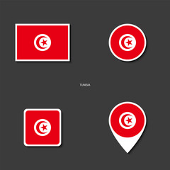 Obraz premium Tunisia flag icon set in different shape (rectangle, circle, square and marker icon) on dark grey background. Tunisia sticker icon collection on barely dark background