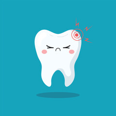 Cute sick tooth character. Cartoon sad tooth with pain. Vector illustration