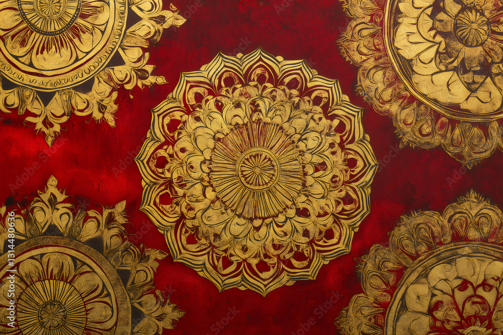 Poster golden mandalas creating a repeating circular pattern on a red background, perfect for backgrounds, 