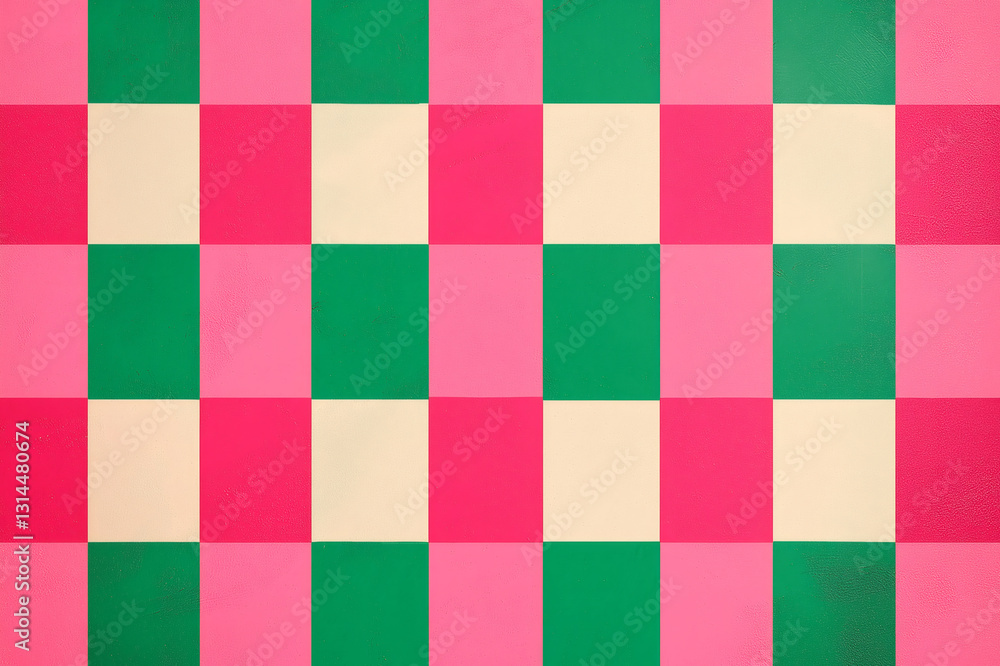 Poster vibrant pink, green, and cream squares form a retro checkerboard pattern, adding a playful touch to 