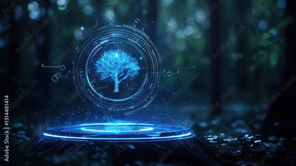 Poster holographic technology concept with futuristic augmented reality interface, sci-fi ui background