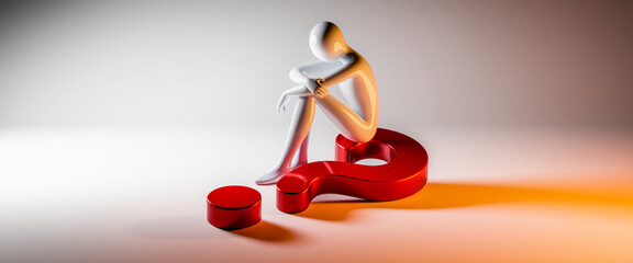 White figure sits on large red question mark, symbolizing uncertainty, contemplation, or problem-solving. Simple background ideal for various concepts