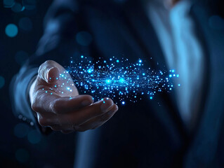 Business leader presenting growth strategy with glowing particles in hand