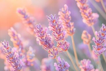 Obraz premium Soft pink lavender flowers blooming in a field during a beautiful sunset, creating a dreamy and romantic atmosphere