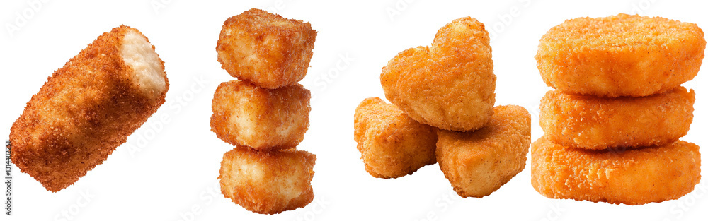Poster This png image features a close-up of a crispy chicken nugget with a golden brown crust, isolated on a transparent background and ready for consumption, ideal for lovers of fast food