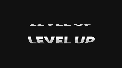 Video animation of level up title animation in white on a black background - seamless loop. Suitable for gaming