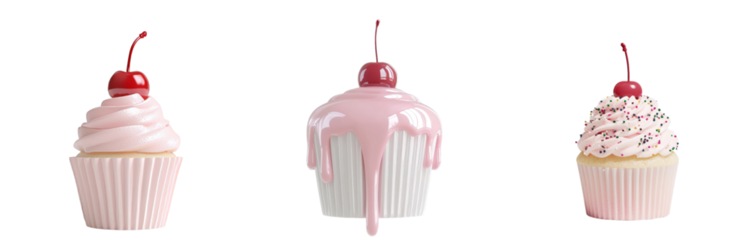 This png image shows a 3D cupcake isolated on a transparent background, with pink frosting, a glossy red cherry, and a green cup, all created in a detailed digital style with smooth swirls of icing - Powered by Adobe