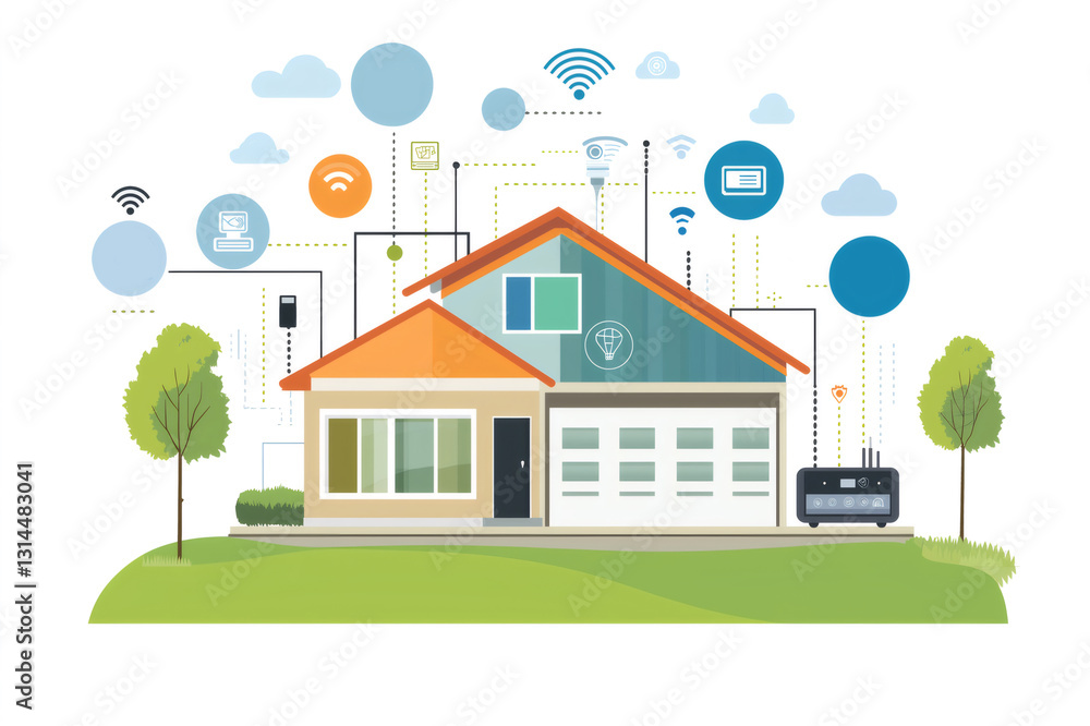 Poster modern house controlled by internet of things, showing connected devices, network, cloud computing a