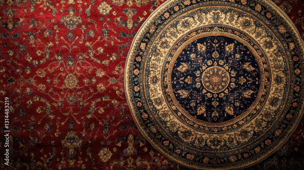 Poster intricate persian carpet design featuring a round rug with floral patterns and rich colors creating 