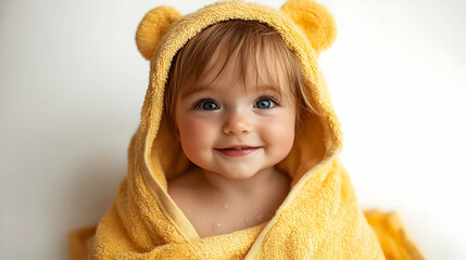 Adorable toddler in a yellow hooded towel