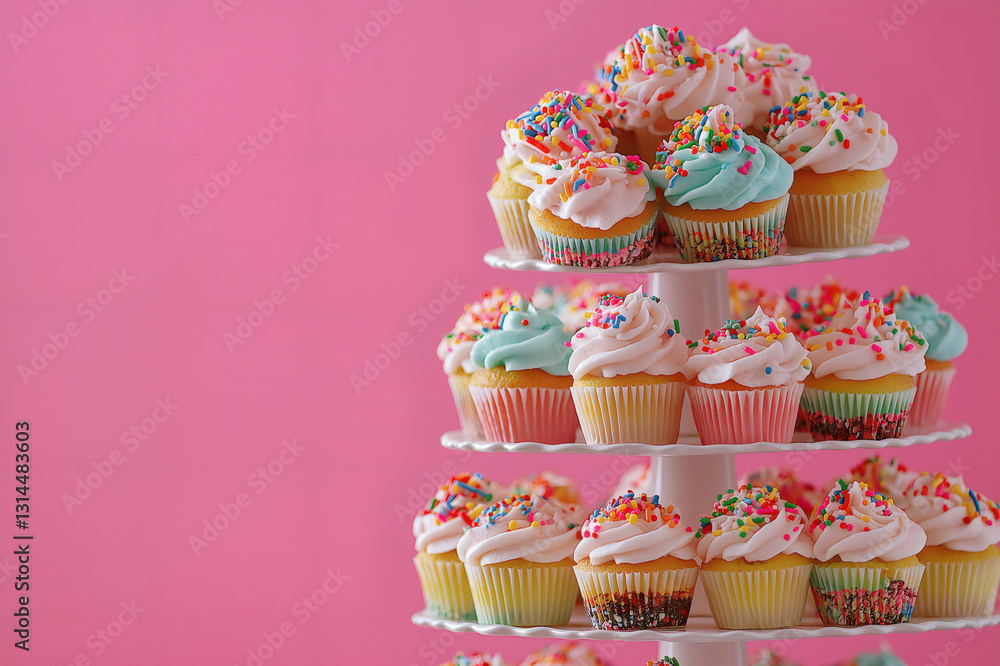 Poster delicious mini cupcakes with frosting and sprinkles, creating a vibrant and tempting display