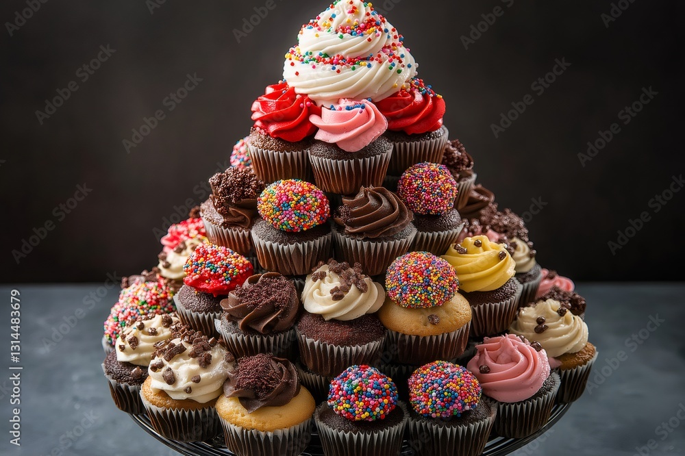 Aufkleber delicious mini cupcakes with various frostings and toppings creating a visually appealing tower of s