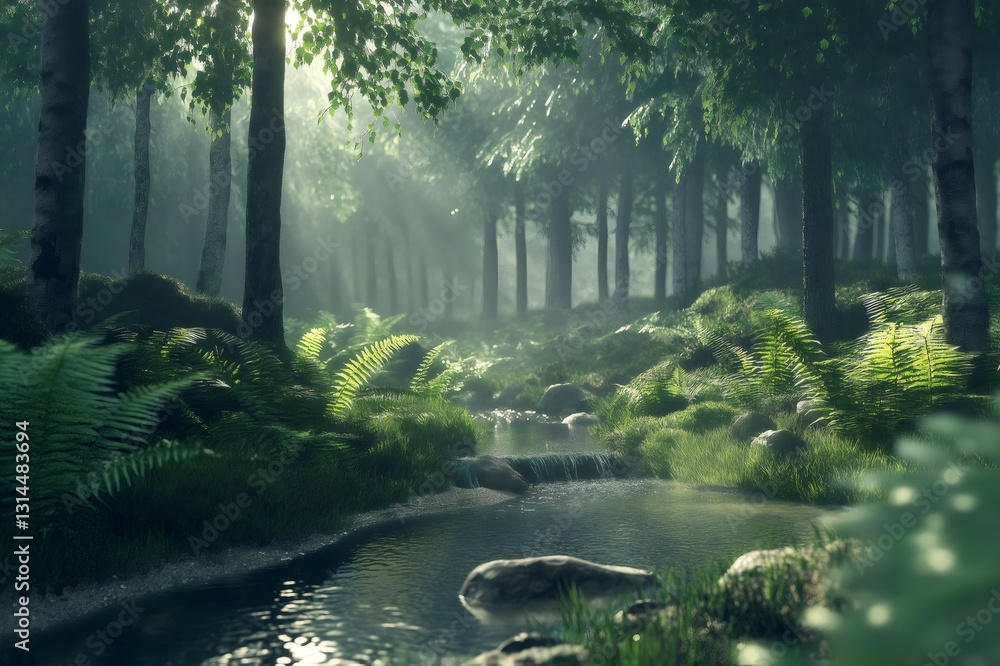 Aufkleber sunbeams illuminate a tranquil forest clearing with a bubbling brook, creating a serene and peaceful