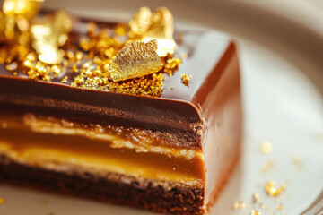 Gourmet chocolate dessert with caramel glaze and gold leaf decoration