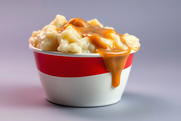 Rich and creamy mashed potatoes stock-image served fast food-style in a cup, topped with savory brown gravy, showcasing smooth texture and indulgent flavor, perfect for comfort food