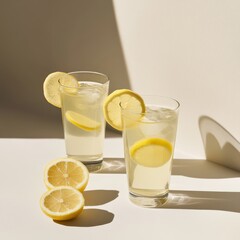 Tall Glasses Of Iced Lemon Drink With Lemon Slices