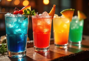 vibrant cocktail glasses colorful drinks displayed textured bar surface creating captivating visual experience, spirits, liquor, beverage, fruity, garnish