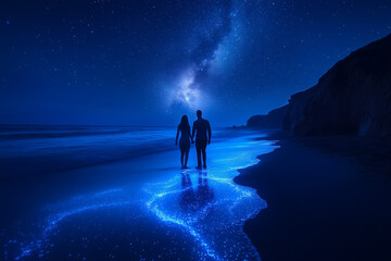 Obraz premium Bioluminescent Waves on Beach at Night
