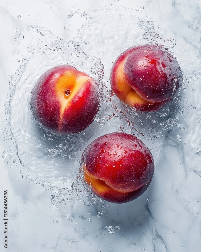 Poster three fresh pluots surrounded by splashing water on a marble surface capturing a refreshing and vibr