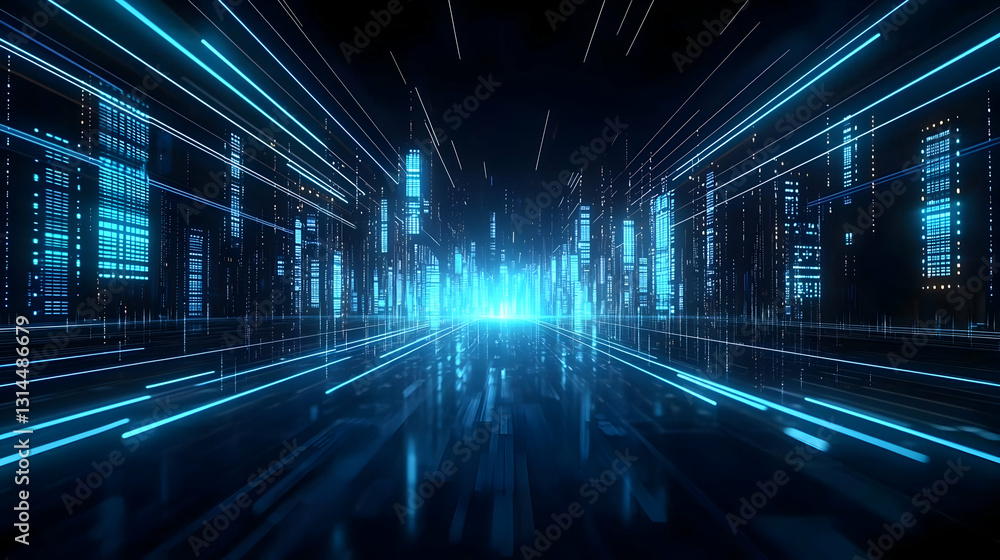 Aufkleber futuristic cityscape with glowing blue data streams and digital buildings in a dark cyberpunk enviro