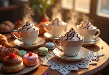 steaming mugs surrounded tempting pastries set charming table display warm lighting inviting atmosphere, pastry, coffee, cake, dessert, croissant, muffin