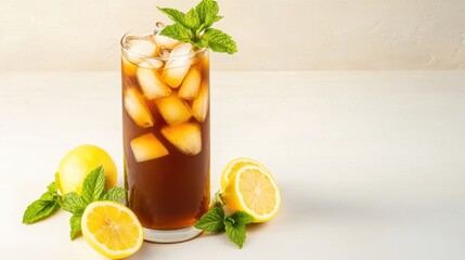 Fototapeta premium Iced Tea With Lemon Slices And Mint Garnished Glass