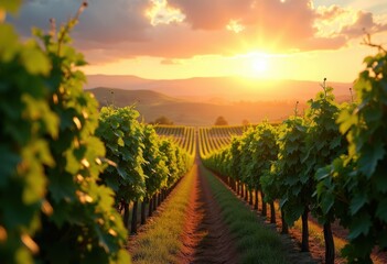Fototapeta premium lush grapes vibrant vineyard bathed warm sunset glow captivating colors scenic landscape, nature, wine, harvest, ripe, green, hills, organic, farming