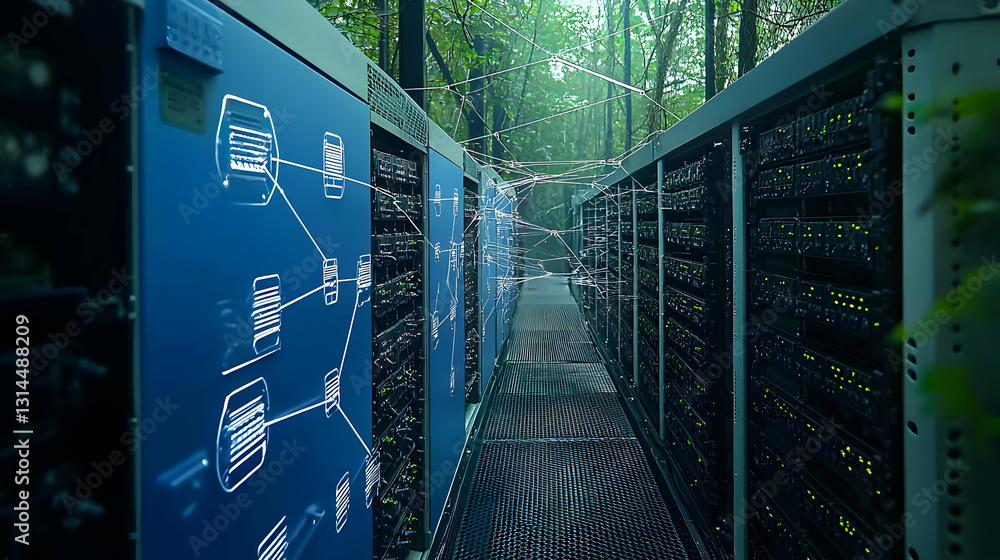 Poster green data center with futuristic network connections in lush forest setting illuminated by sunlight