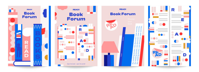 4 abstract posters for the Book Festival. Bookmarks, lots of notes and stickers on books that readers will love so much. Bright design, ideal for literary events, as a poster for a forum and book club