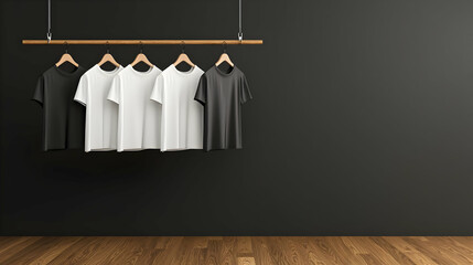 Wooden Clothing Rack Displaying Neutral T Shirts Against a Dark Wall with Wooden Floor