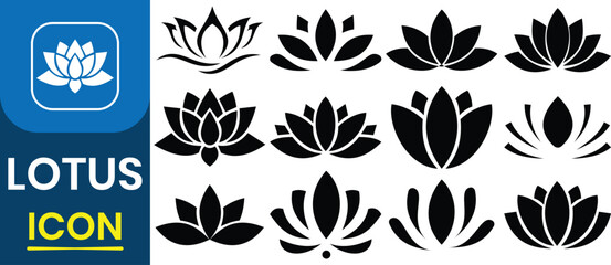 Lotus icon vector set. Lotus flower silhouette logo. Yoga, spa, meditation, healthy lifestyle, spiritually, blossoms balance harmony symbol. Natural simple plant Vector illustration.