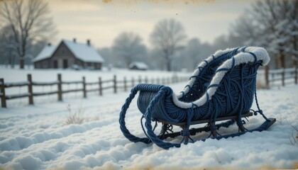 Winter wonderland scene Blue rope sled in snowy field near farmhouse