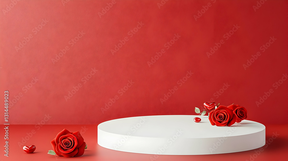 Poster elegant white circular podium with red roses on red textured background ideal for product display or