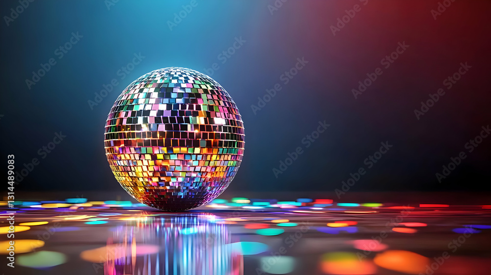 Poster 3d iridescent pixelated sphere on reflective surface with colorful bokeh