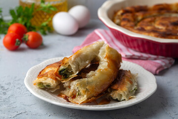 Turkish Tepsi Boregi, Round Borek, Tray pastry (Turkish name; rulo borek - ispanakli borek)