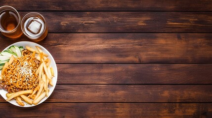 Fototapeta premium Delicious Bowl of Noodles with Vegetables Sesame and Soy Sauce Served with Refreshing Iced Tea