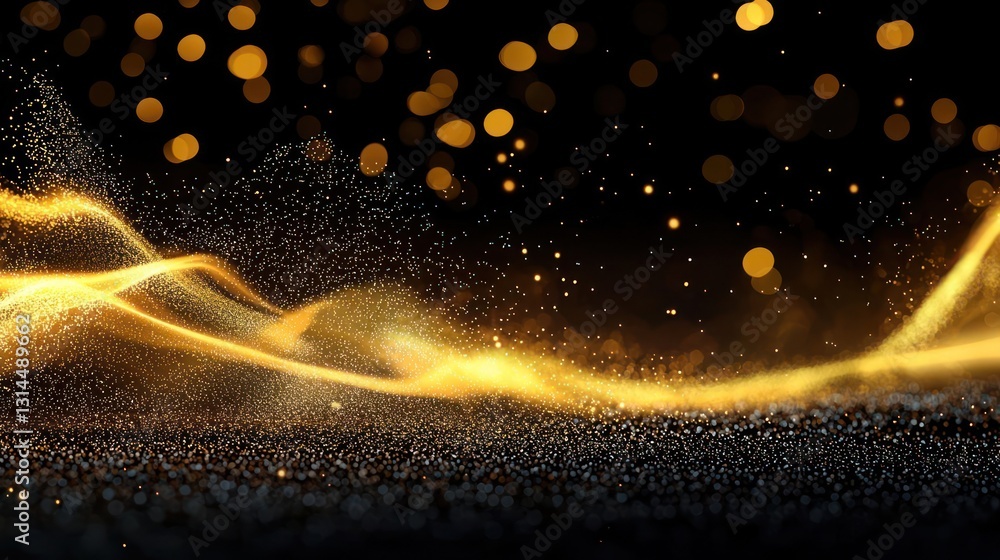 Poster golden abstract wave with sparkling particles against dark background