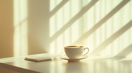 Minimalist desk scene with a cup of coffee and a notebook, bathed in gentle morning sunlight, creating soft reflections and a peaceful, focused atmosphere for a productive start to the day.