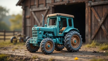 Fototapeta premium Vintage Teal Tractor Parked by Rustic Barn Rural Farm Scene