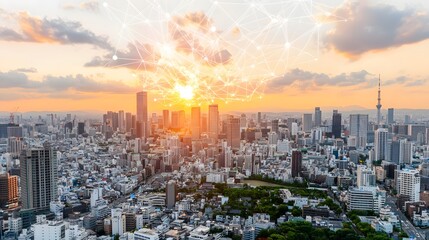 Ultra modern Blockchain Powered Smart City at Vibrant Sunset Skyline