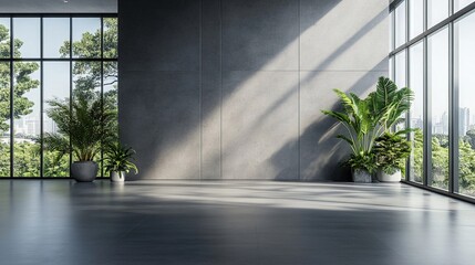 Sleek modern grey wall in a spacious office interior adorned with plants and featuring large windows in a 3D rendering.