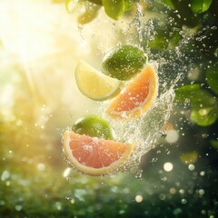 Lime And Grapefruit With Water Splash In Sunlight.