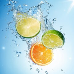 Lime And Orange Slices Splashing In Clear Water