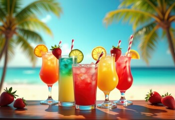 colorful vibrant cocktails arranged bar tropical beach background featuring azure water lush palm trees, arrangement, umbrella, ice, citrus, glass, refreshing